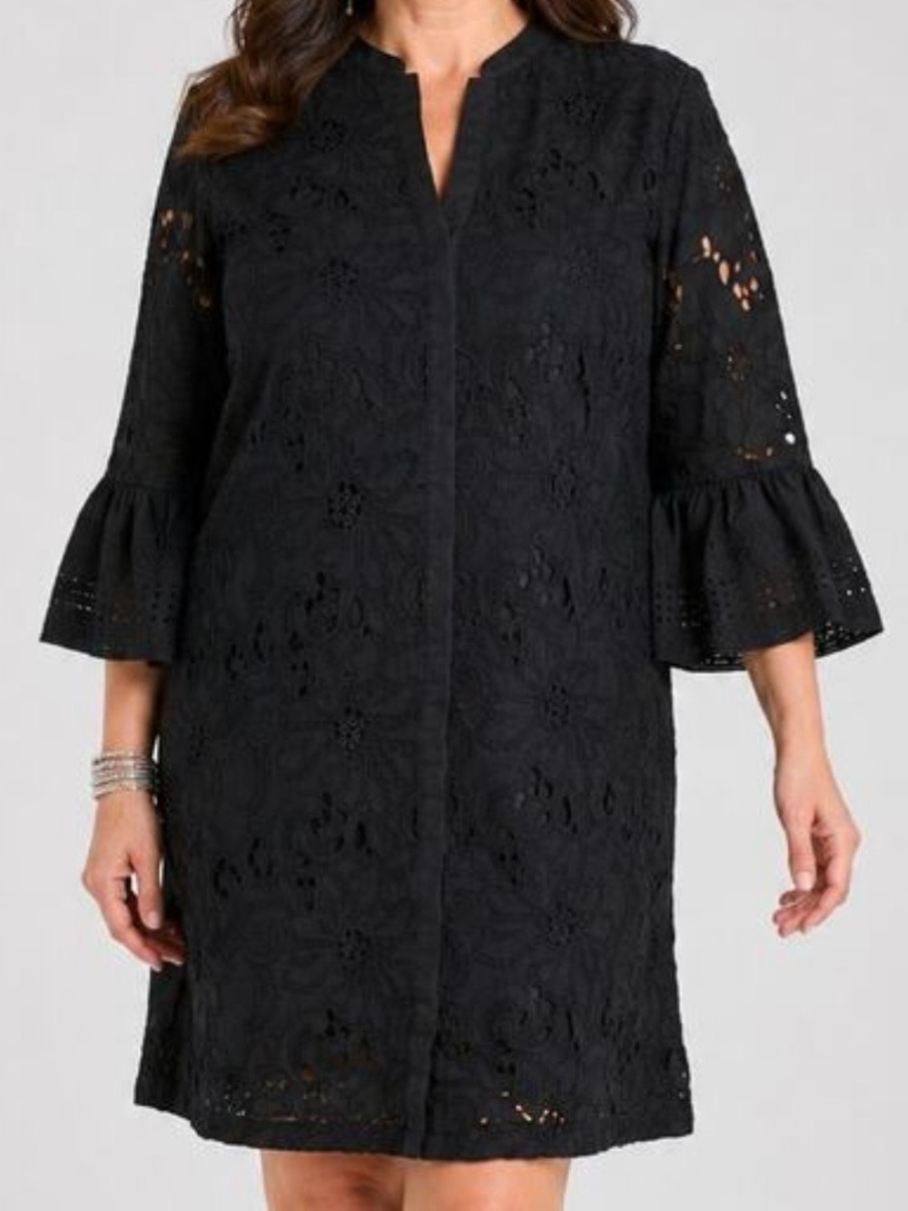 Chicos Floral Lace Short Shift Black Dress Flounce Sleeve Size 12 Chicos 2